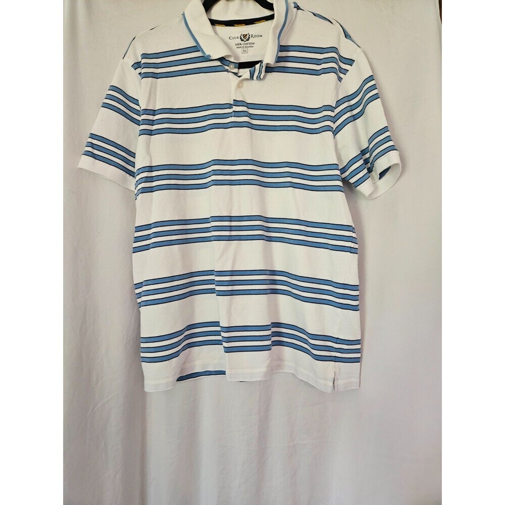Club Room Polo Shirt XL Blue/White Stripe Button Neck Short Sleeve‎ Preppy Golf